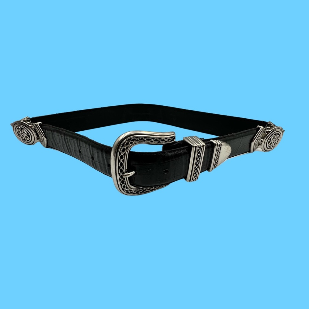 Black Leather Belt with Silver Ornaments and Buckle. 28”-31”